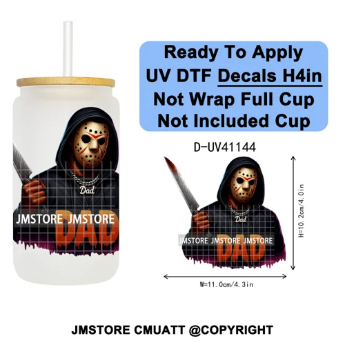 Black Horror Dad Halloween Spooky Daddy UV DTF Decals Ready To Apply Waterproof Transfer Stickers For 16OZ Libbey Glass Can Cups