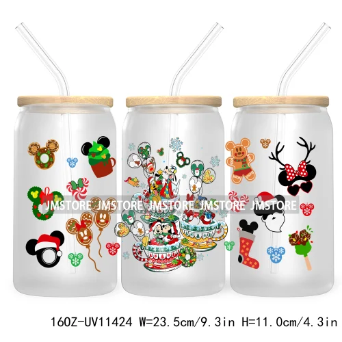 Merry Christmas Cartoon Couple 16OZ UV DTF Cup Wrap Ready To Apply For Libbey Glass Can Cup Tumbler Gingerbread Candy Cane Mouse