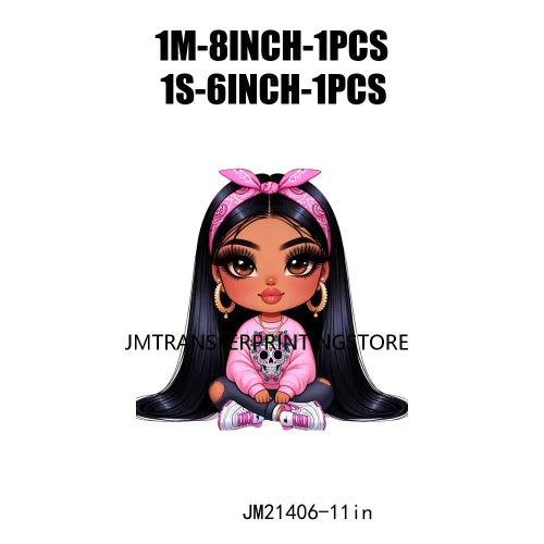 Pink Bow Long Hair Chibi Cute Chicana Doll Girls With Earing Washable Iron On DTF Transfers Stickers Designs For Sweatshirt