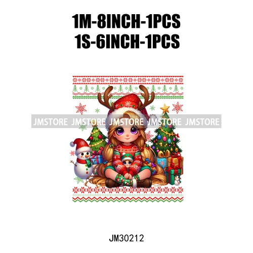 Cute Princess Red Ugly Sweater Cartoon Girls Friends Merry Christmas Iron On DTF Transfers Stickers Ready To Press For Clothing