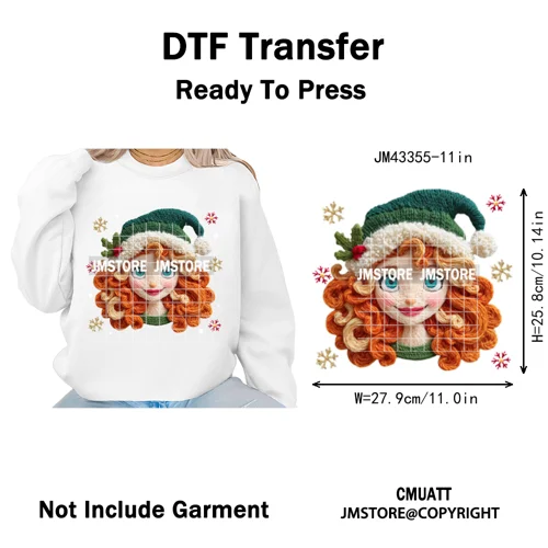 Cute Faux Knitting Yarn Princess Cartoon Character Christmas Holiday Iron on DTF Transfers Stickers Ready to Press for Hoodies