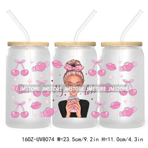 Woman With Bubble Gum Pink UV DTF Sticker For 16OZ Libbey Glass Cup Can Wrap Transfer Stickers Custom Labels DIY Logo Messy Bun