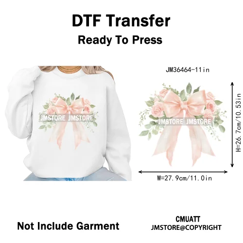 Pink Bow Silk Wedding Coquette Girl Ribbon Tied Printing Iron on DTF Thermal Transfers Stickers Ready to Press for Clothing Bags