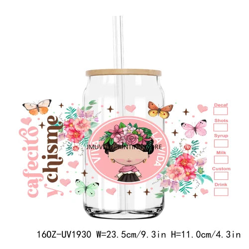 Cute Latina Cafecito Girl 16OZ UV DTF Cup Wrap Transfers Stickers Custom Labels DIY Durable Waterproof Logo For Libbey Glass Can