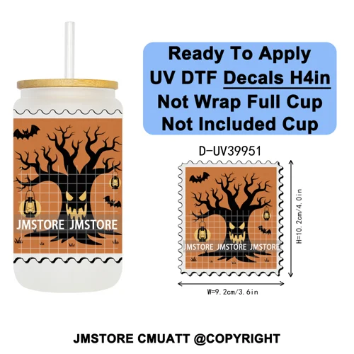 Halloween Stamps Trick Or Treat UV DTF Decals Ready To Apply Waterproof Transfer Stickers DIY Crafts For 16OZ Libbey Glass Can
