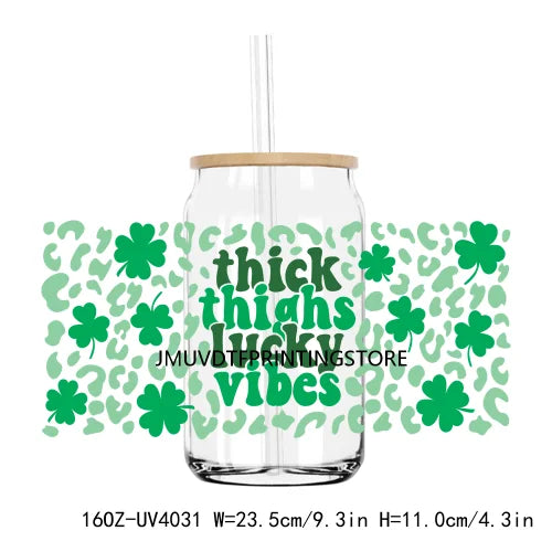 Lucky Blessed 16OZ UV DTF Cup Wrap Transfers Stickers Shamrock Four Leaf Custom Labels DIY Waterproof Logo For Libbey Glass Can