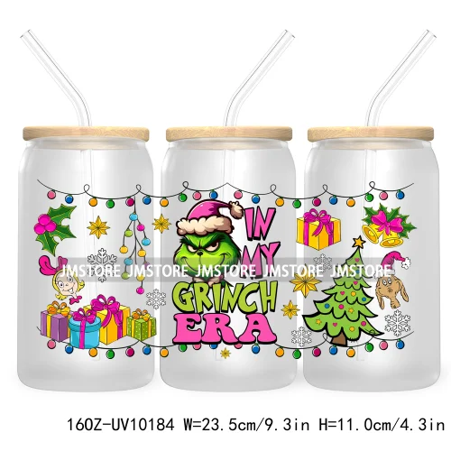 In My Christmas Era UV DTF Sticker For 16OZ Libbey Glass Cup Can Wrap Green Character Transfer Stickers Custom Labels DIY Logo