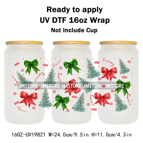 Coquette Christmas Tress Jingle Bells UV DTF Transfer Sticker Cup Tumbler Wrap DIY Labels For 16OZ Libbey Glass Bottle Mug Wraps