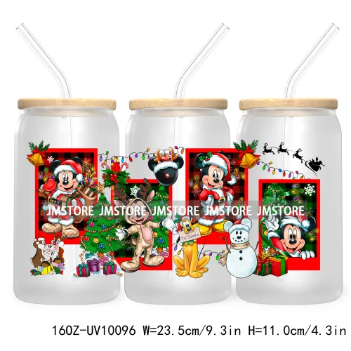 Mouse Christmas Cartoon Friends 16OZ UV DTF Cup Wrap Transfer Stickers Princess Custom Labels Waterproof For Libbey Glass Can