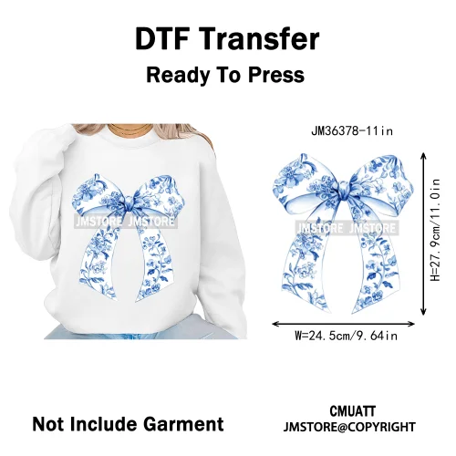 Blue And White Toile Chinoiserie Floral Coquette Bow Thermal Decals Iron on DTF Transfers Stickers Ready to Press for Clothing