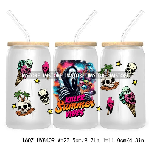 Killer Summer Vibes UV DTF Sticker For 16OZ Libbey Glass Cup Can Wrap Transfer Stickers Custom Labels DIY Logo Horror Halloween