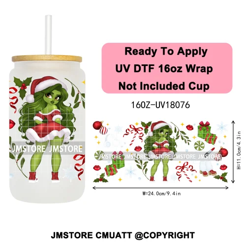 Christmas Cartoon Princess Merry Greenmas 16OZ UV DTF Cup Wraps Ready To Apply Waterproof Transfer Stickers For Libbey Glass Can