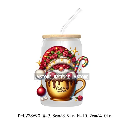 Festive Christmas Gnome Candy Cane UV DTF Transfer Stickers Decals For Libbey Cold Cups Mugs Tumbler Labels Cartoon Characters