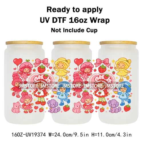 Strawberry Girls Cartoon Magic Mirror UV DTF Transfer Sticker Cup Tumbler Wrap For 16OZ Libbey Glass Wraps Bottle Mug DIY Labels