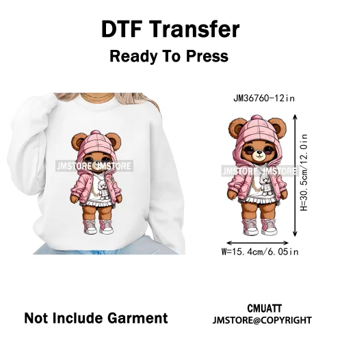 12in Girls Female Teddy Bear Duck Urban Sneakers Animal Washable Iron on DTF Transfers Stickers Ready to Press for T-shirts Bags