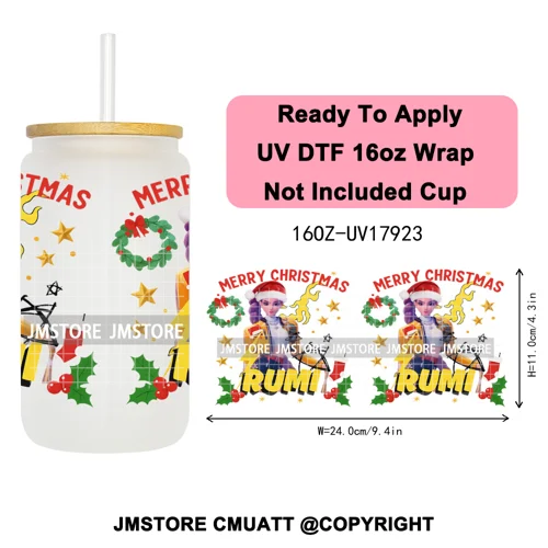 Kpop Demon Inspired Movie Christmas Santa Hat 16OZ UV DTF Cup Wrap Ready To Apply Durable Transfer Stickers For Libbey Glass Can
