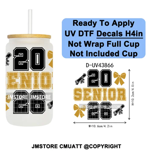 College Grad Class Of 2026 UV DTF Cup Decals Ready To Apply Transfer Stickers Durable Custom Labels For Libbey Glass Can Mugs