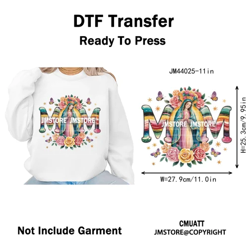 Latina Mom Mexican Virgen de Guadalupe Flower Mother's Day Iron on DTF Heat Transfers Stickers Ready to Press for T-shirts Bags