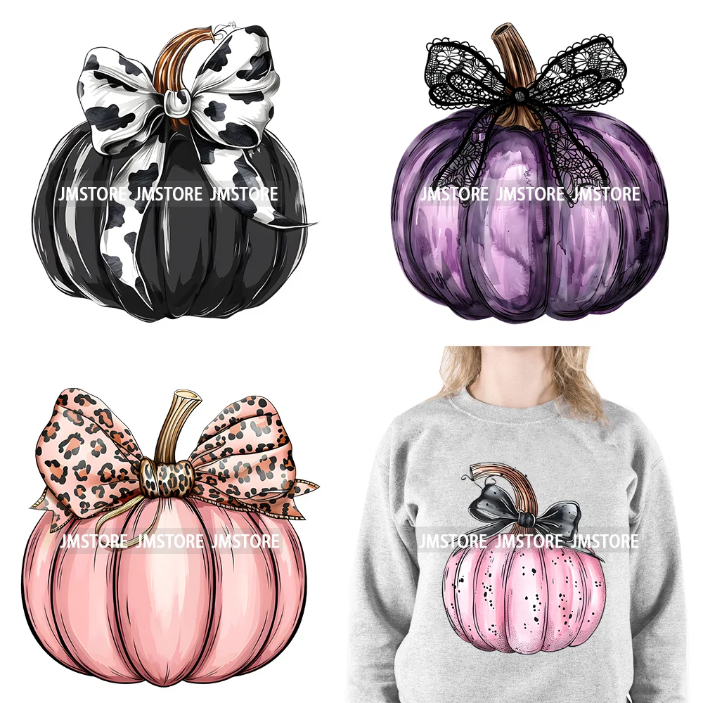 Colorful Gothic Girly Halloween Black Pumpkin Coquette Bow Decasl DTF Iron On Transfers Stickers Ready To Press For T-shirt Bags