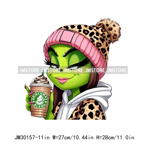 Green Bougie Lady Coffee Leopard Christmas Holiday Season Iron On DTF Transfers Stickers Ready To Press For T-shirts Bags