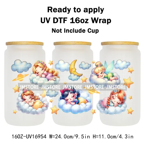 Cute Cartoon Character Sleeping On The Clouds UV DTF Stickers Ready To Apply Cup Wrap Custom Labels For 16OZ Libbey Can Glass