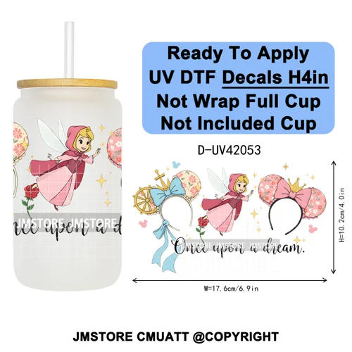 Cartoon Mouse Head Princess Family Vacation UV DTF Decals Ready To Apply Waterproof Transfer Stickers For 16OZ Libbey Glass Can