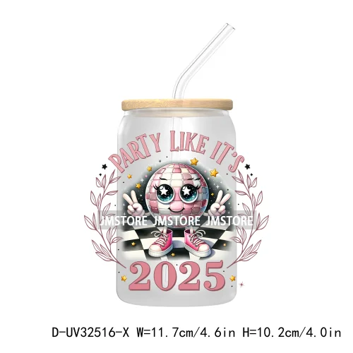 Trendy Pink Coquette New Year 2025 Disco Ball Retro Holidays UV DTF Transfer Stickers Decals For Libbey Cold Cups Mugs Tumbler