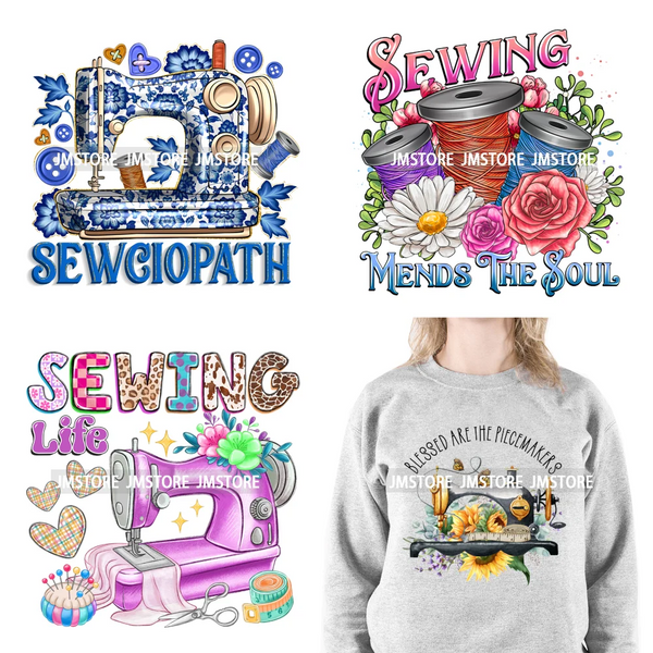 Funny Floral Coffee Sewing Life Machine Seamstress Quilting Hobby Iron On DTF Transfers Stickers Ready To Press For Sweatshirts