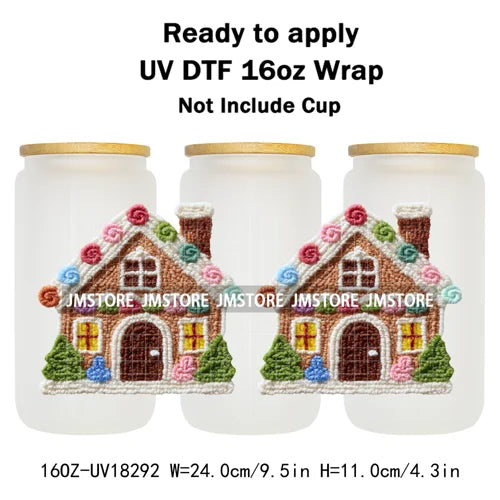 Faux Yarn Christmas Reindeer UV DTF Cup Wrap Ready To Apply Transfer Stickers Durable 16OZ Tumbler Wraps For Libbey Glass Can