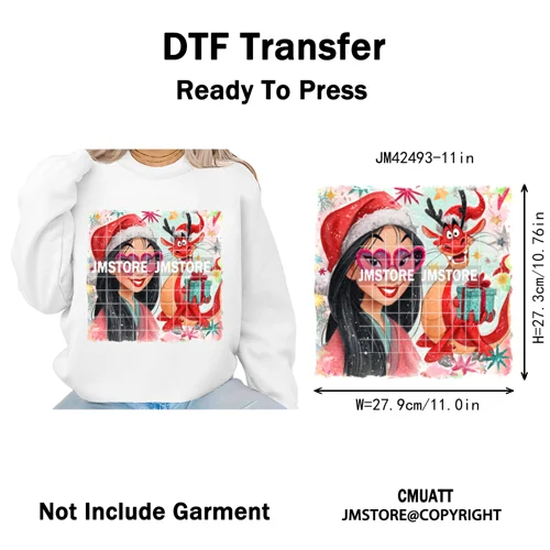 Glasses Cartoon Princess Animal Christmas Brushstroke Festive Vibes Iron on DTF Transfers Stickers Ready to Press for Hoodies