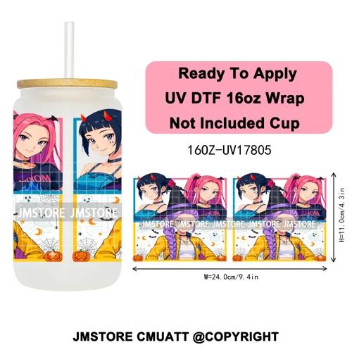 Kpop Halloween Spooky Ghosts Anime Lover 16OZ UV DTF Cup Wraps Ready To Apply Waterproof Transfer Stickers For Libbey Glass Can