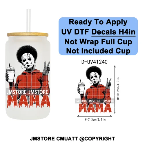 Spooky Mama Skullface Halloween UV DTF Decals Ready To Apply Waterproof Transfer Stickers DIY Crafts For 16OZ Libbey Glass Can