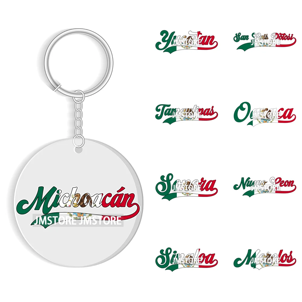 Mexico State Names Mexican Flag In Letters High Quality WaterProof UV DTF Stickers For Round Circle Acrylic Keychain Key Ring