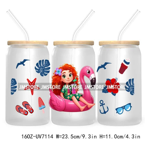 Cartoon Princess's Summer Vacation 16OZ UV DTF Cup Wrap Transfers Stickers For Libbey Glass Can Cups Tumbler Waterproof Craft