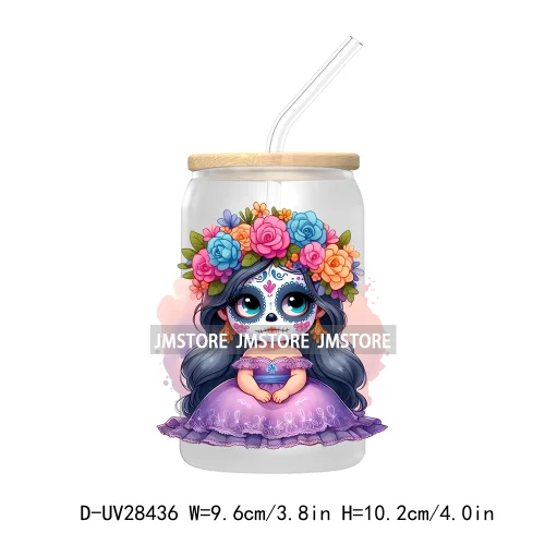 Cute Latina Cartoon Princess Baby Girl UV DTF Transfer Stickers Decals For Libbey Cold Cups Mug Tumbler Labels Sugar Skull Woman