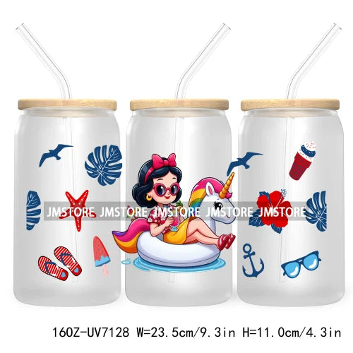 Cartoon Princess's Summer Vacation 16OZ UV DTF Cup Wrap Transfers Stickers For Libbey Glass Can Cups Tumbler Waterproof Craft