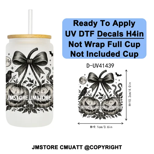 Highland Cow Horror Character Coquette Pumpkin UV DTF Decals Ready To Apply Durable Transfer Stickers For 16OZ Libbey Glass Can