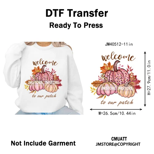 Pink Happy Fall Season Harvest Blessings Pumpkin Autumn Vibes Iron on DTF Washable Transfers Stickers Ready to Press for Hoodies