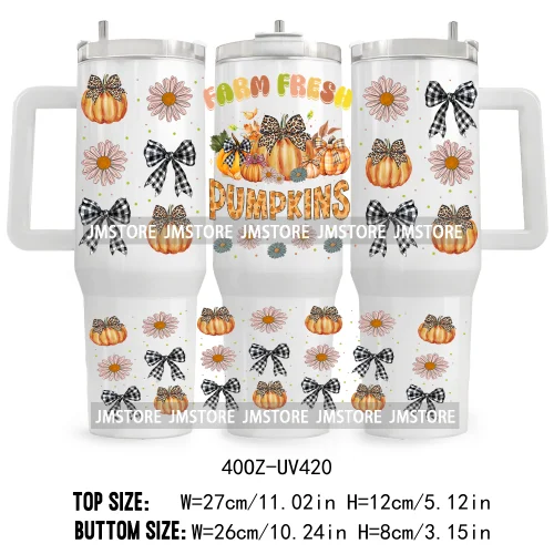 Retro Pumpkin Season Bow UV DTF 40OZ Tumbler Wrap Ready To Apply Good Quality Waterproof Dog Mom Fall Mama Transfer Stickers