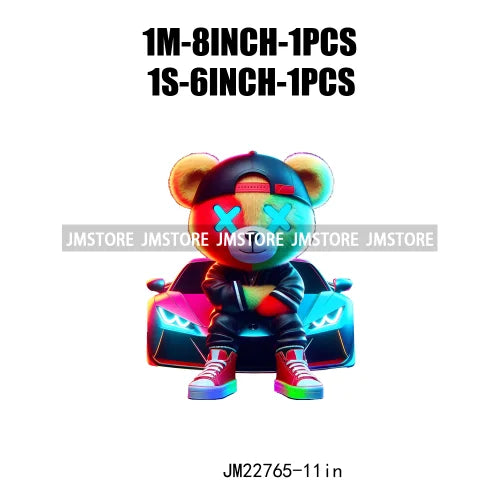 Cool Neon Colorful Hip Hop Streetwear Urban Teddy Bear Iron On DTF Transfers Stickers Ready To Press For Clothing Bags