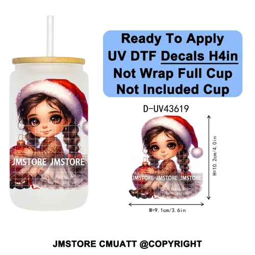 Chibi Cute Mexican Christmas Baby Girl UV DTF Decals Ready To Apply Waterproof Transfer Stickers For 16OZ Libbey Glass Can Mugs