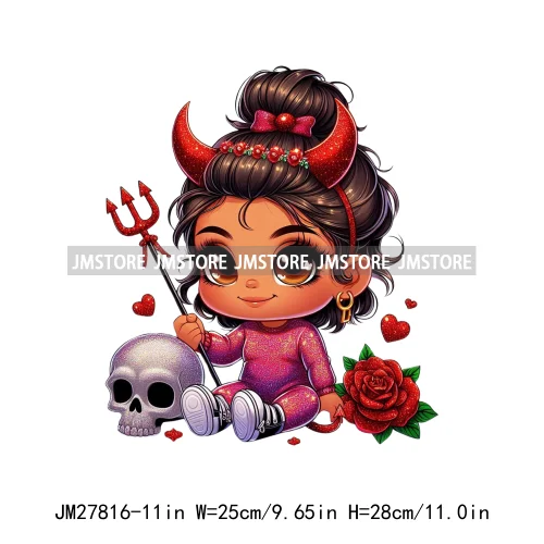 Chibi Cute Halloween Devil Latina Baby Hispanic Girls Skull Red Rose DTF Iron On Transfer Stickers Ready To Press For Sweatshirt