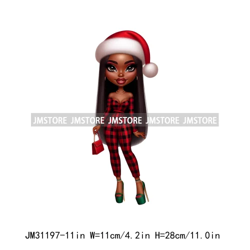 Fashion Santa Afro Black Woman Merry Christmas Girly Winter Iron On DTF Transfers Stickers Printing Ready To Press For Clothing