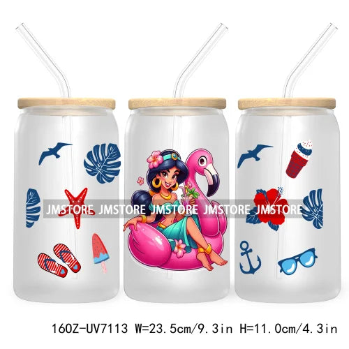 Cartoon Princess's Summer Vacation 16OZ UV DTF Cup Wrap Transfers Stickers For Libbey Glass Can Cups Tumbler Waterproof Craft