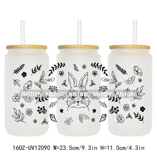 Retro Easter Bunny Rabbit Eggs Flowers 16OZ UV Cup Wrap DTF Transfer Stickers For Libbey Glass Can Cup Tumbler Waterproof Labels