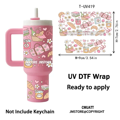 Coquette Bow Floral Seamless Book Lover Ribbon UV DTF Wraps Ready To Use Transfer Stickers Waterproof For Mini Tumbler Keychain
