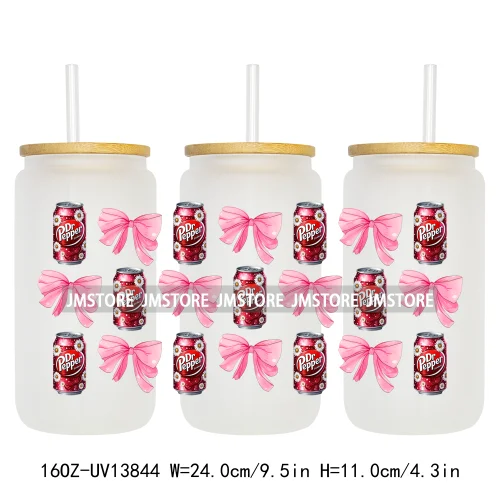 Soft Drink Pink Bow Coquette Strawberry UV DTF Wraps Transfer Sticker Selfadhesive Waterproof  For 16OZ Libbey Glass Can Tumbler