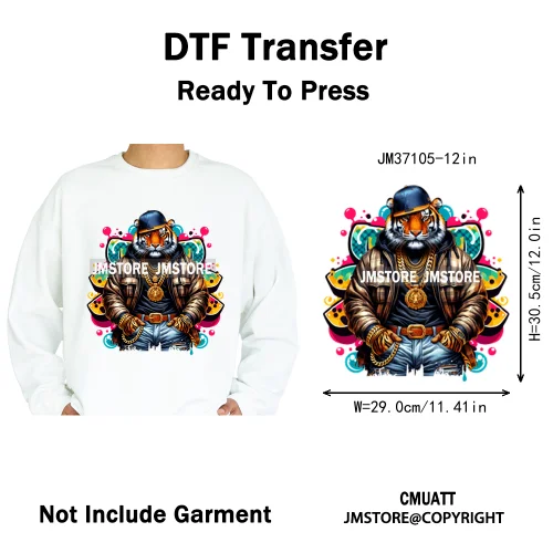12in Cartoon Graffiti Streetwear Tiger Bunny Animal King Hip Hop Poster Iron on DTF Transfer Stickers Ready to Press for Hoodies
