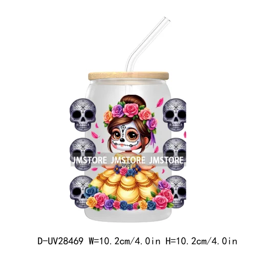 Cute Latina Cartoon Princess Baby Girl UV DTF Transfer Stickers Decals For Libbey Cold Cups Mug Tumbler Labels Sugar Skull Woman