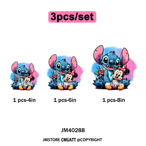 Cute Cartoon Blue Animal Princess Best Friends Designs Iron on DTF Washable Transfers Stickers Ready to Press for Clothing Bags